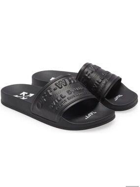 Off-White Virgil Abloh Black Embossed Logo Pool Slide Sandals EU 39 & 40 NIB